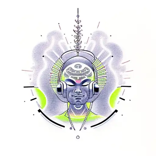 A realistic depiction of a meditating DJ with energy flowing from their pineal gland tattoo design idea