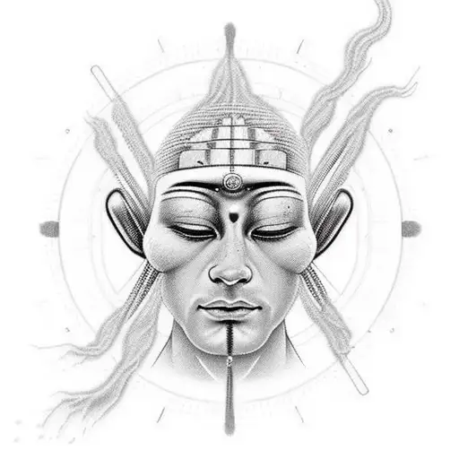 A realistic depiction of a meditating DJ with energy flowing from their pineal gland tattoo design idea