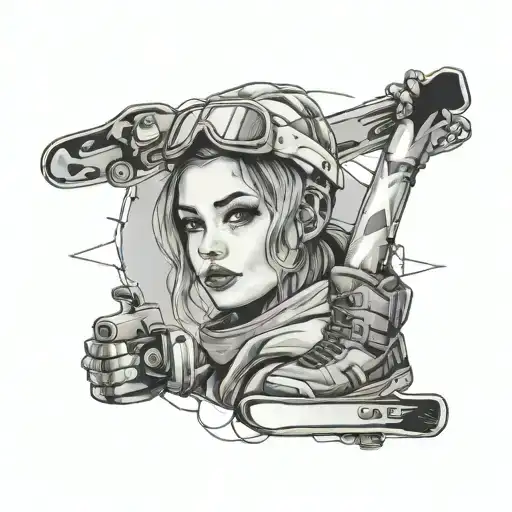 Portrait of Irina Alexia with a snowboard and construction tools framing her tattoo design idea