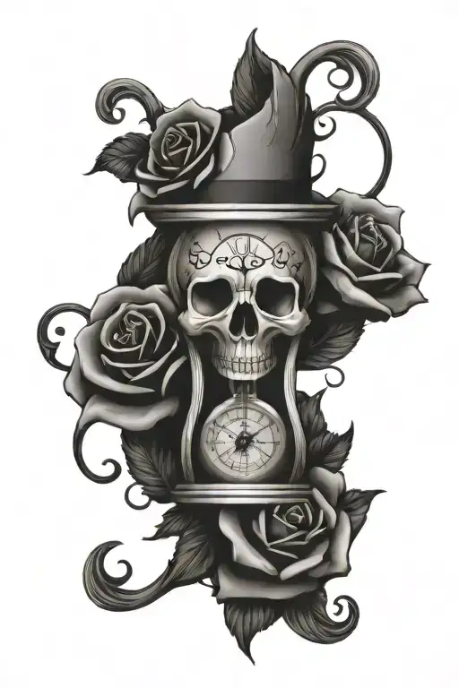 skull rose hourglass time piece tattoo design idea