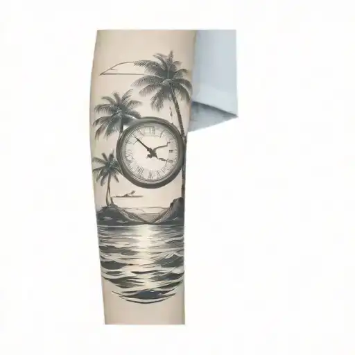a clock sinking into the ocean, about halfway into the water with palm trees and  sun on the shore far in the background tattoo design idea