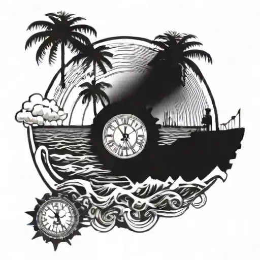 Sinking mechanical clock into ocean with a sun and palm trees in the background on shore. Make arms of clock point  8:04 tattoo design idea