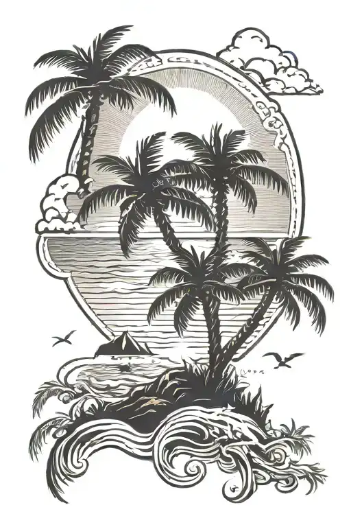 a background for a tattoo with an ocean and an island with 2 palm trees and a sun far in the distance tattoo design idea