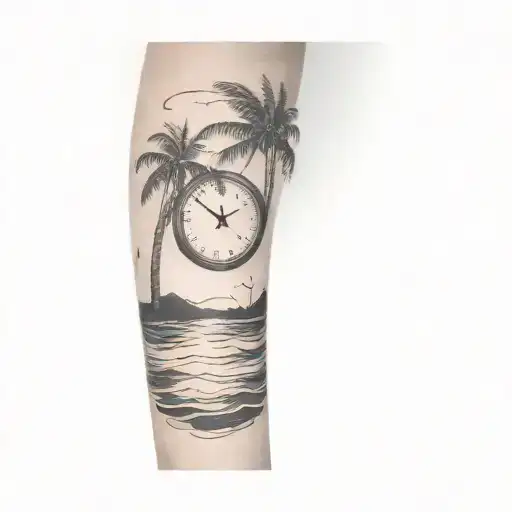 a clock sinking into the ocean, about halfway into the water with palm trees and  sun on the shore far in the background tattoo design idea