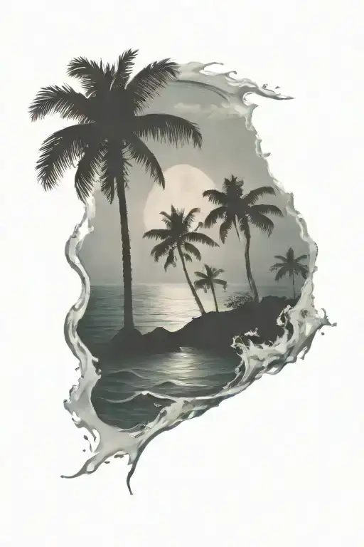 background of a calm ocean water with small waves. add a big island with palm trees in the background tattoo design idea