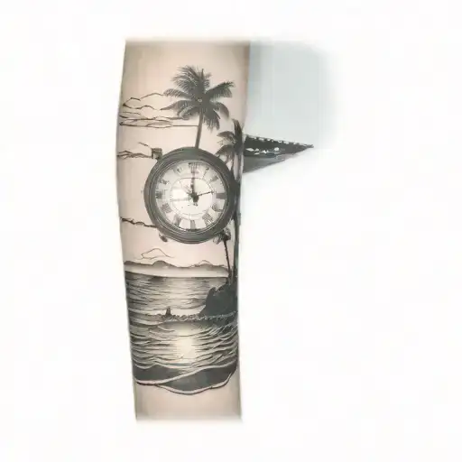 a clock sinking into the ocean, about halfway into the water with palm trees and  sun on the shore far in the background tattoo design idea