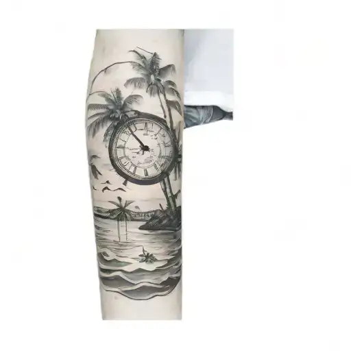 a clock sinking into the ocean with palm trees and a sun on the shore  tattoo design idea