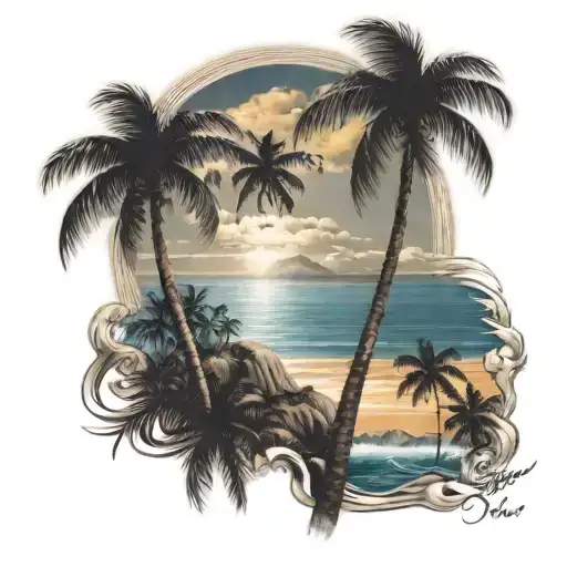 a background for a tattoo with an ocean and an island with 2 palm trees and a sun far in the distance tattoo design idea