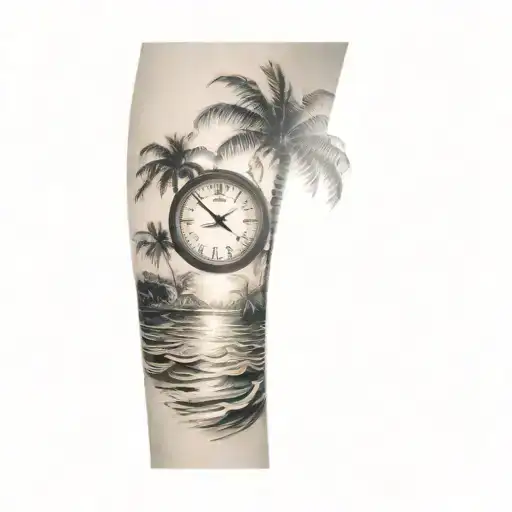 a clock sinking into the ocean, about halfway into the water with palm trees and  sun on the shore far in the background tattoo design idea