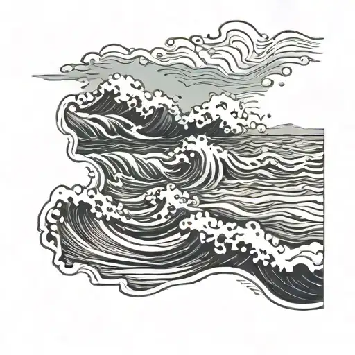 background of a calm ocean water with small waves. add a sandy shore in the background tattoo design idea