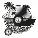 Sinking mechanical clock into ocean with a sun and palm trees in the background on shore. Make arms of clock point  8:04 tattoo design idea