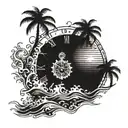 Sinking mechanical clock into ocean with a sun and palm trees in the background on shore. Make arms of clock point  8:04 tattoo design idea