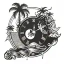 Sinking mechanical clock into ocean with a sun and palm trees in the background on shore. Make arms of clock point  8:04 tattoo design idea