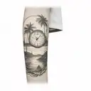 a clock sinking into the ocean, about halfway into the water with palm trees and a sun on the shore in the background tattoo design idea