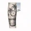 a clock sinking into the ocean, about halfway into the water with palm trees and a sun on the shore in the background tattoo design idea
