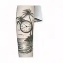 a clock sinking into the ocean, about halfway into the water with palm trees and a sun on the shore in the background tattoo design idea