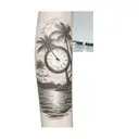 a clock sinking into the ocean, about halfway into the water with palm trees and a sun on the shore in the background tattoo design idea