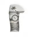a clock sinking into the ocean with palm trees and a sun on the shore  tattoo design idea