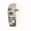 a clock sinking into the ocean with palm trees and a sun on the shore  tattoo design idea
