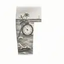 a clock sinking into the ocean with palm trees and a sun on the shore  tattoo design idea