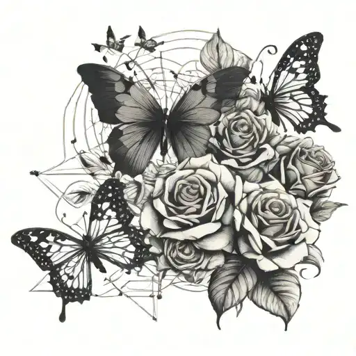 A financial graph intertwined with roses and butterflies tattoo design idea