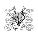 A minimalist design of a wolf head with viking runes forming the fur, symbolizing loyalty and intelligence. tattoo design idea