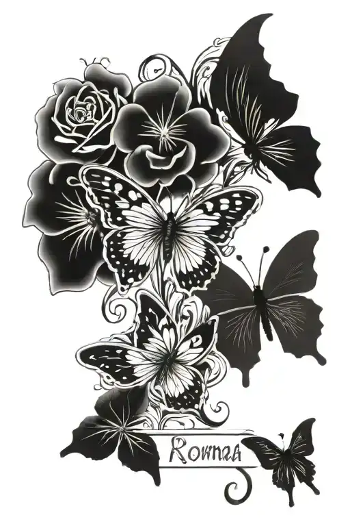 The words "Romans 8:18" written with flowers and butterflies tattoo design idea