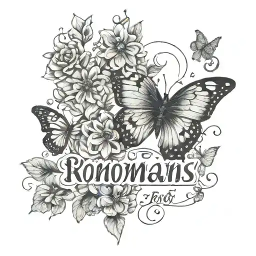 The words "Romans 8:18" written with flowers and butterflies tattoo design idea