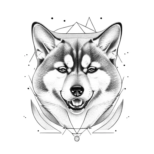The head of a Shiba Inu dog with a third eye located on the forehead in line art style tattoo design idea