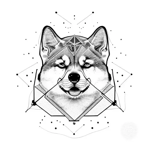 The head of a Shiba Inu dog with the third eye of enlightenment located on the forehead in the style of line art tattoo design idea
