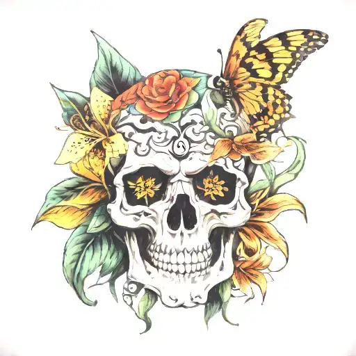 skull, tiger lilies, magic mushroom tattoo design idea