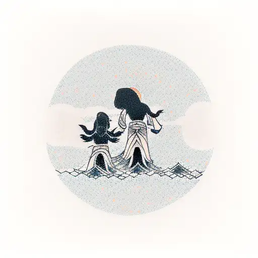 A minimalist design of a sunset over the ocean, with a silhouette of a mother and child walking hand in hand tattoo design idea