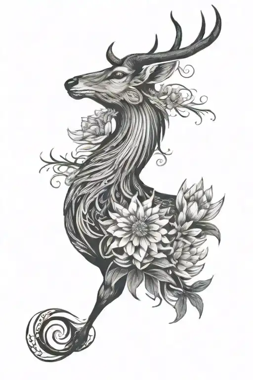 japanese style arm tattoo featuring a kudu, a secretary bird, protea flowers and waves. mostly black and white with only tattoo design idea
