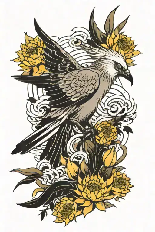 japanese style arm tattoo featuring a secretary bird, protea flowers and waves. minimal color tattoo design idea