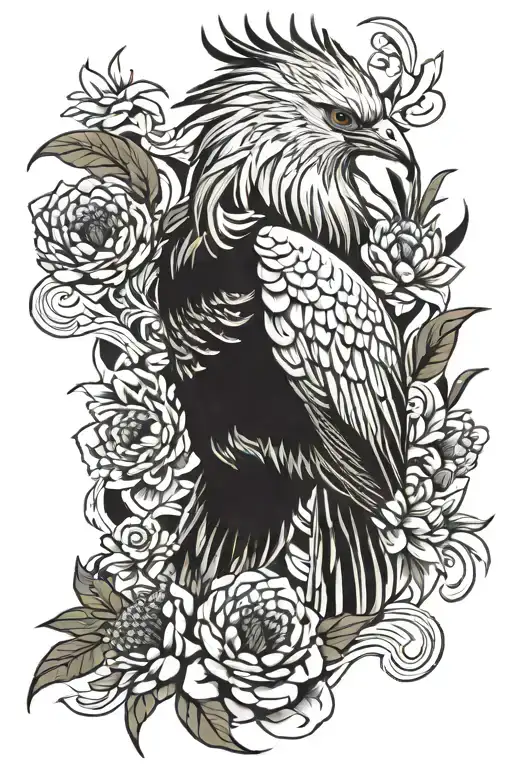 japanese style arm tattoo featuring a secretary bird, protea flowers and waves. mostly black and white with only tattoo design idea