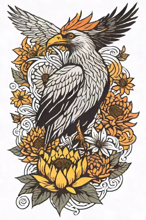 japanese style arm tattoo featuring a secretary bird, king protea and sunflowers and waves. minimal color tattoo design idea