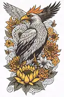 japanese style arm tattoo featuring a secretary bird, king protea and sunflowers and waves. minimal color tattoo design idea
