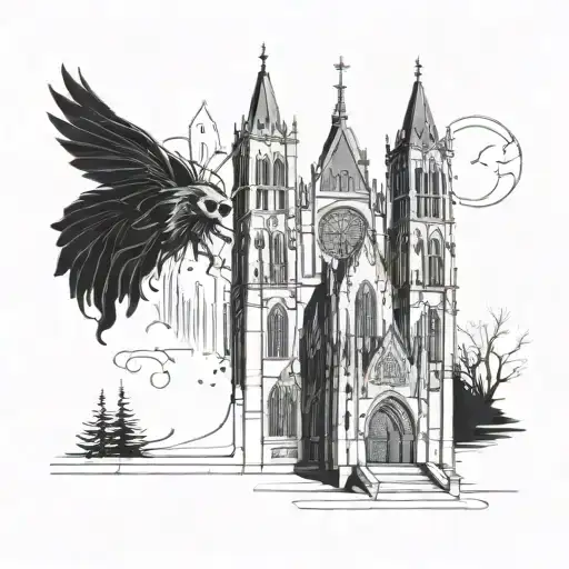 A gothic cathedral with a hidden music studio inside, symbolizing the client's passion for gothic aesthetics and music production tattoo design idea