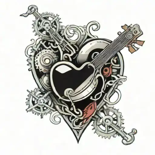A mechanical heart with intricate gears and music notes intertwined, representing the client's love for music and engineering tattoo design idea