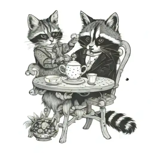 A fluffy cat and a raccoon sittting on a fancy table drinking a tea tattoo design idea