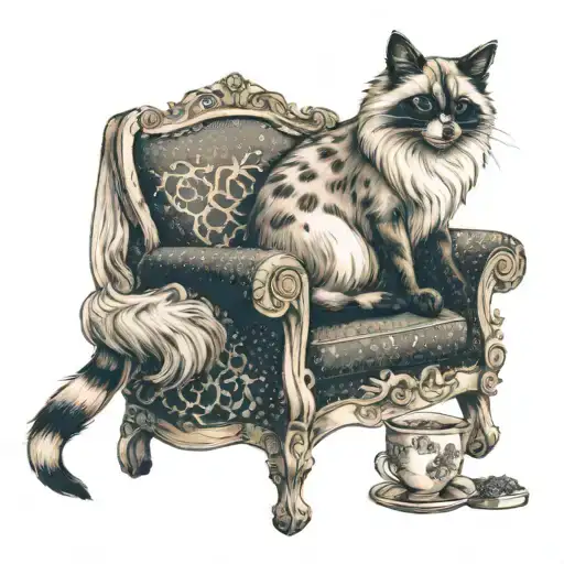 A ragdoll cat with a racoon sitting on two fancy chair, drinking some tea tattoo design idea