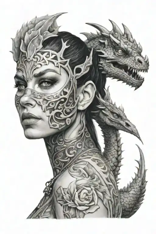 woman with mask and dragon tattoo design idea