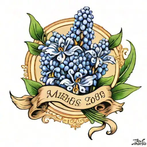 muscari flower  with a ribbon having the date 01/18/1980 tattoo design idea