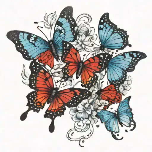 Black "Cenaya" intertwined in butterflies. Big, medium, small butterfly. The two smallest blue, biggest red. Behind ear tattoo design idea