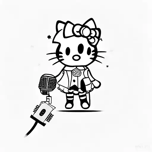 Hello Kitty wearing a leather jacket and holding a microphone tattoo design idea