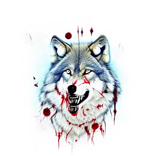 alpha wolf with scars and blood dripping from its mouth tattoo design idea