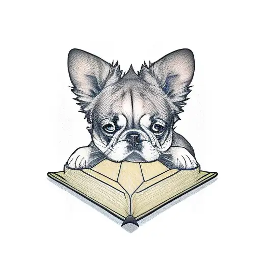 A minimalist tattoo of a book with a dog lying on top of it tattoo design idea