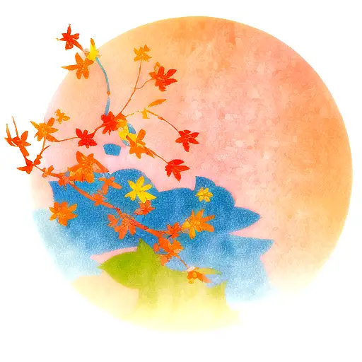 orange and blue and pink and yellow sakura branch with leaves tattoo design idea