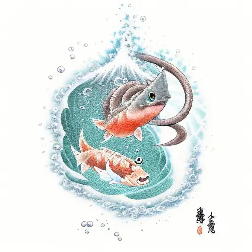 Magikarp swimming up an Waterfall from the bottom, at the top of the Waterfall Kaido in his Dragon Form tattoo design idea