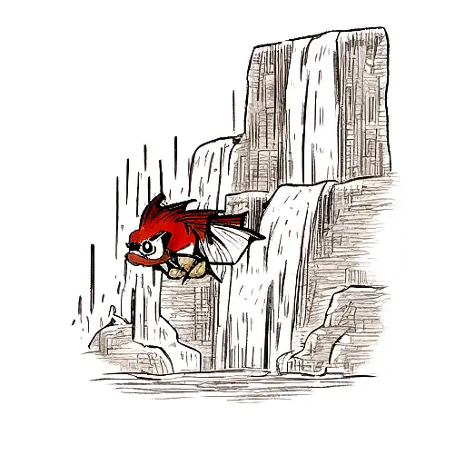 Magikarp swimming up an Waterfall from the bottom, at the top of the Waterfall Kaido in his Dragon Form tattoo design idea